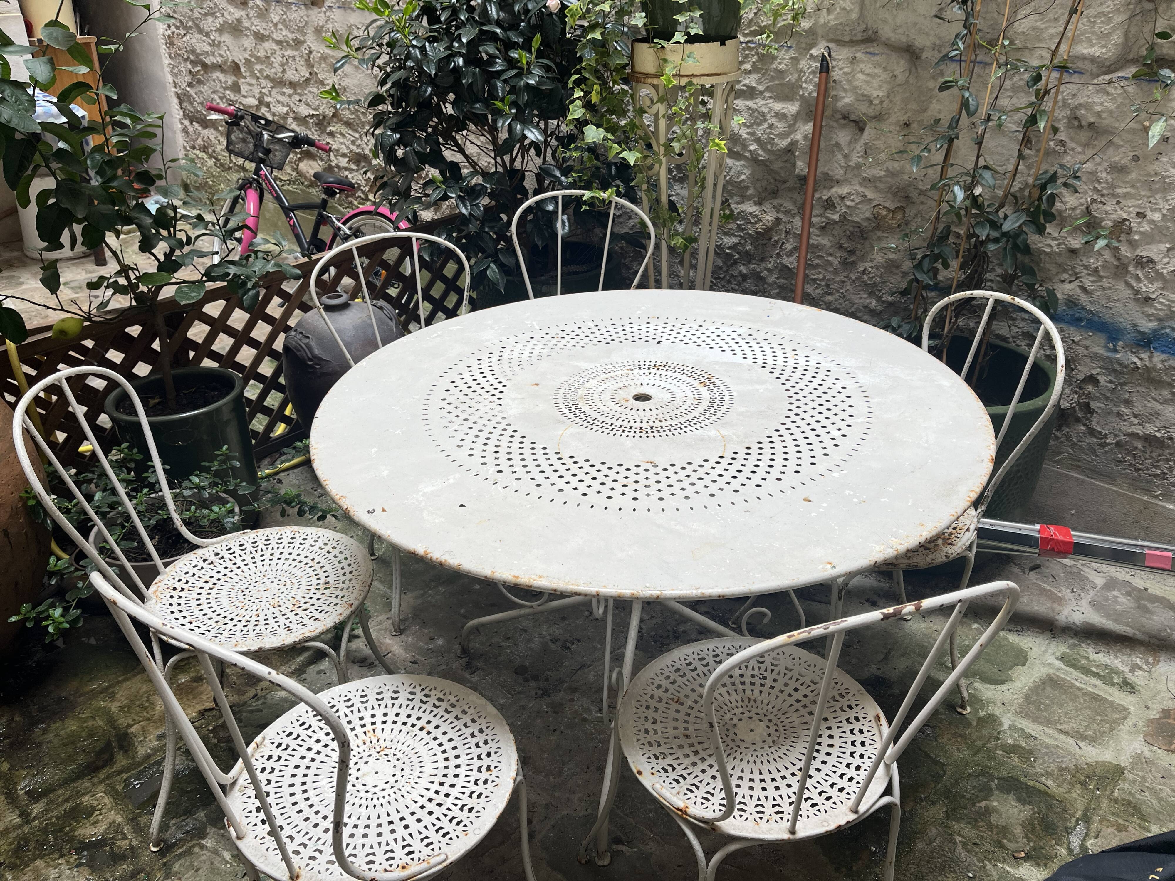 Garden table + 6 antique chairs
