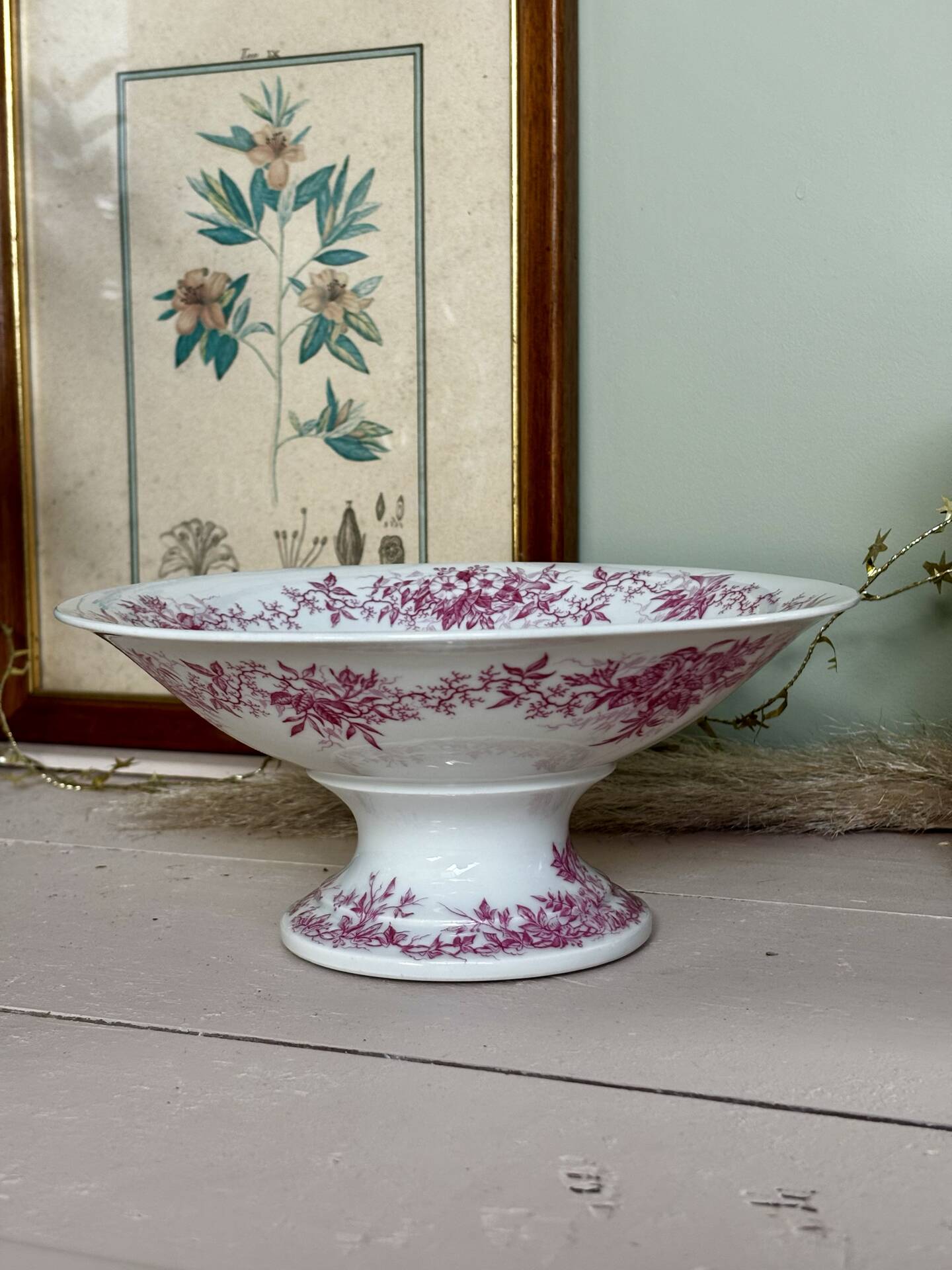 Magnificent antique compote fine porcelain with pink floral decoration.