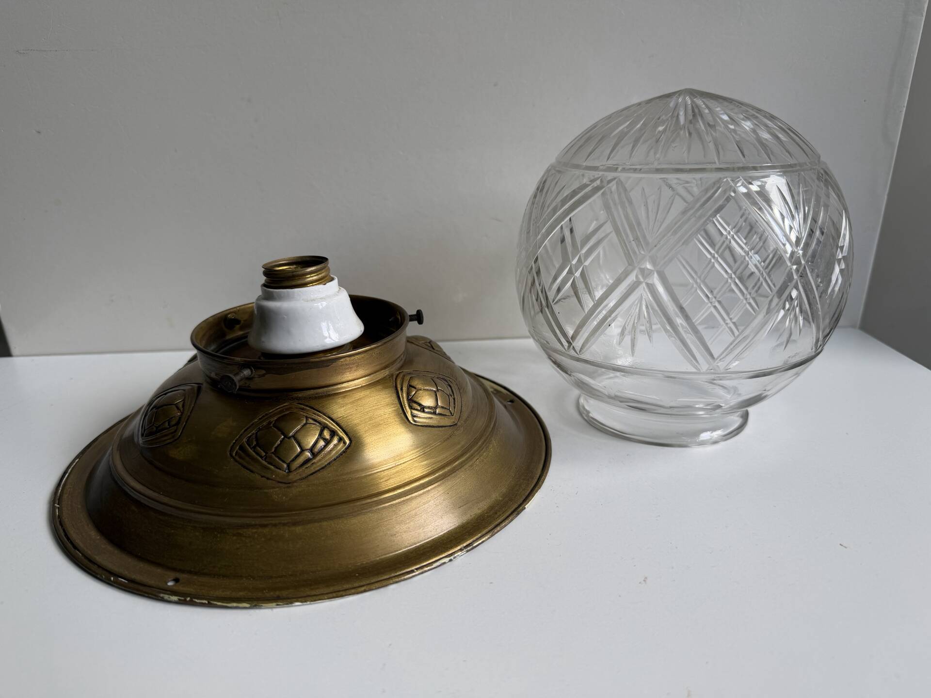 Scandinavian Art Deco Ceiling Lamp in Brass & Glass