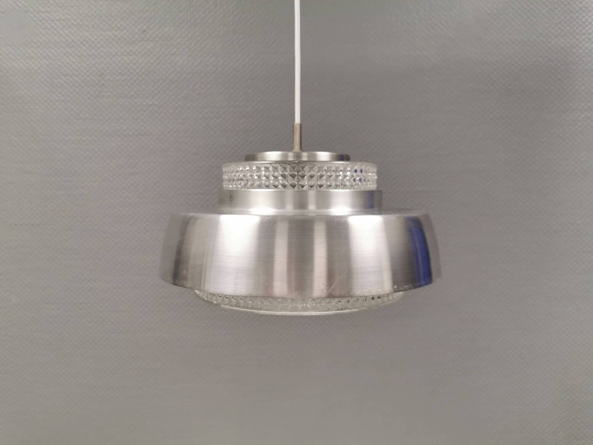 Hanging lamp in aluminium and hard pressed crystal glass. Denmark 1980s