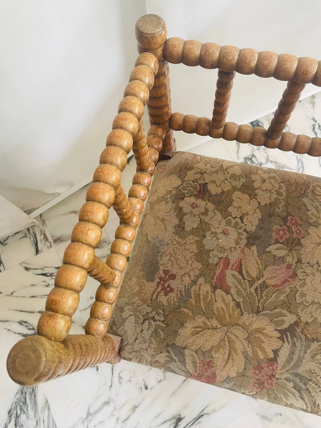 Vintage Art Deco corner chair in bobbin wood and fabric, circa 1930