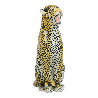 Vintage Italian Leopard Statue XL Sculpture Glazed Stoneware