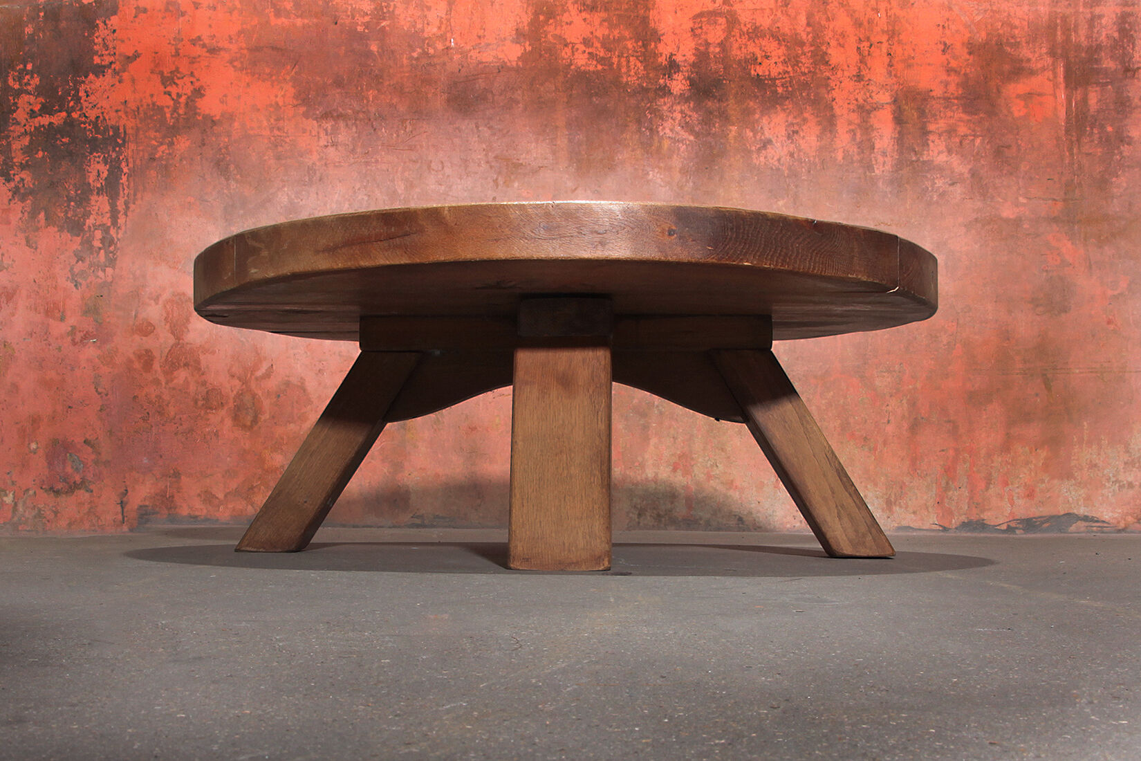 Brutalist Massive Robust Oak Round Coffee Table, 60s