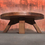Brutalist Massive Robust Oak Round Coffee Table, 60s