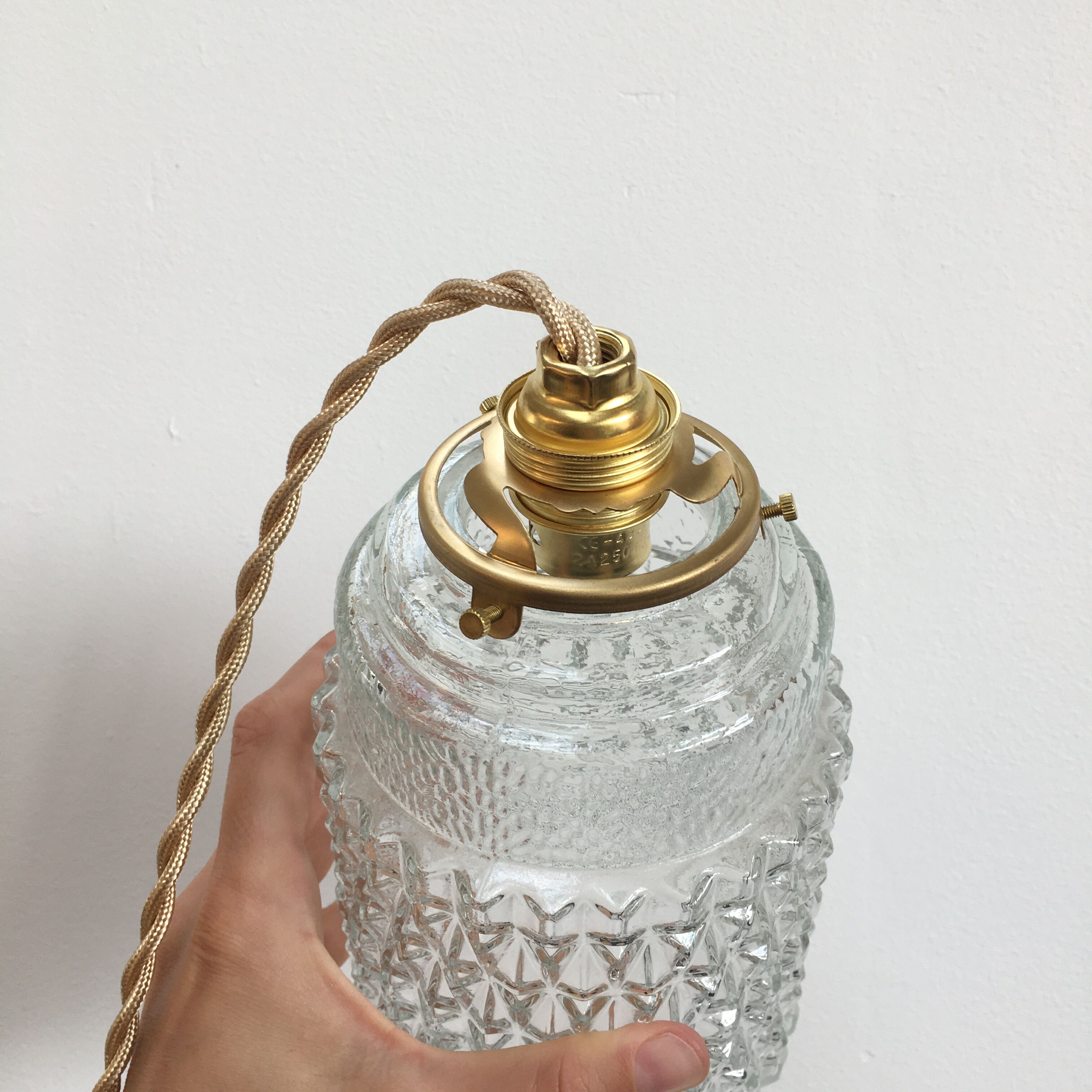 Pair of vintage molded pressed glass pendant lights