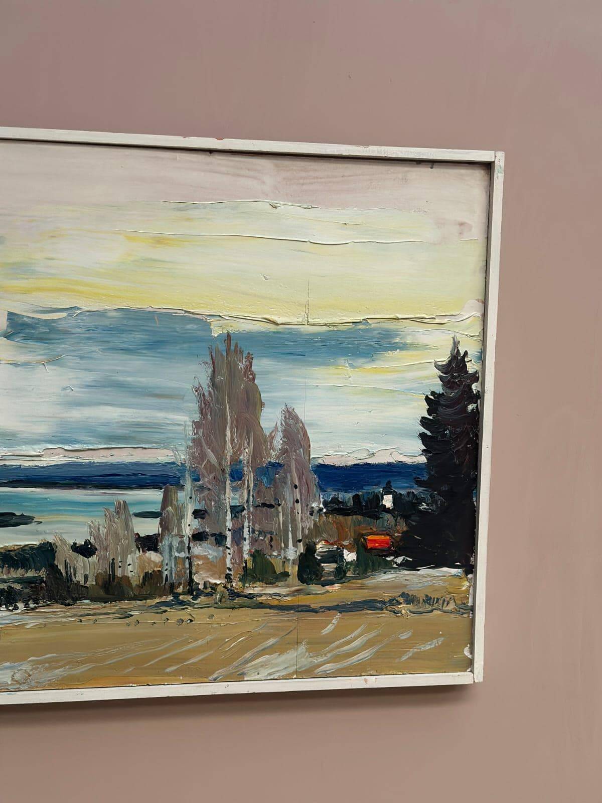 Huile sur panneau d'origine suédoise – « Maisons au bord de l'eau » par Harry Sahlin 1975 – Vintage et encadrée – 62 × 52 cm (24,4" × 20,5")
