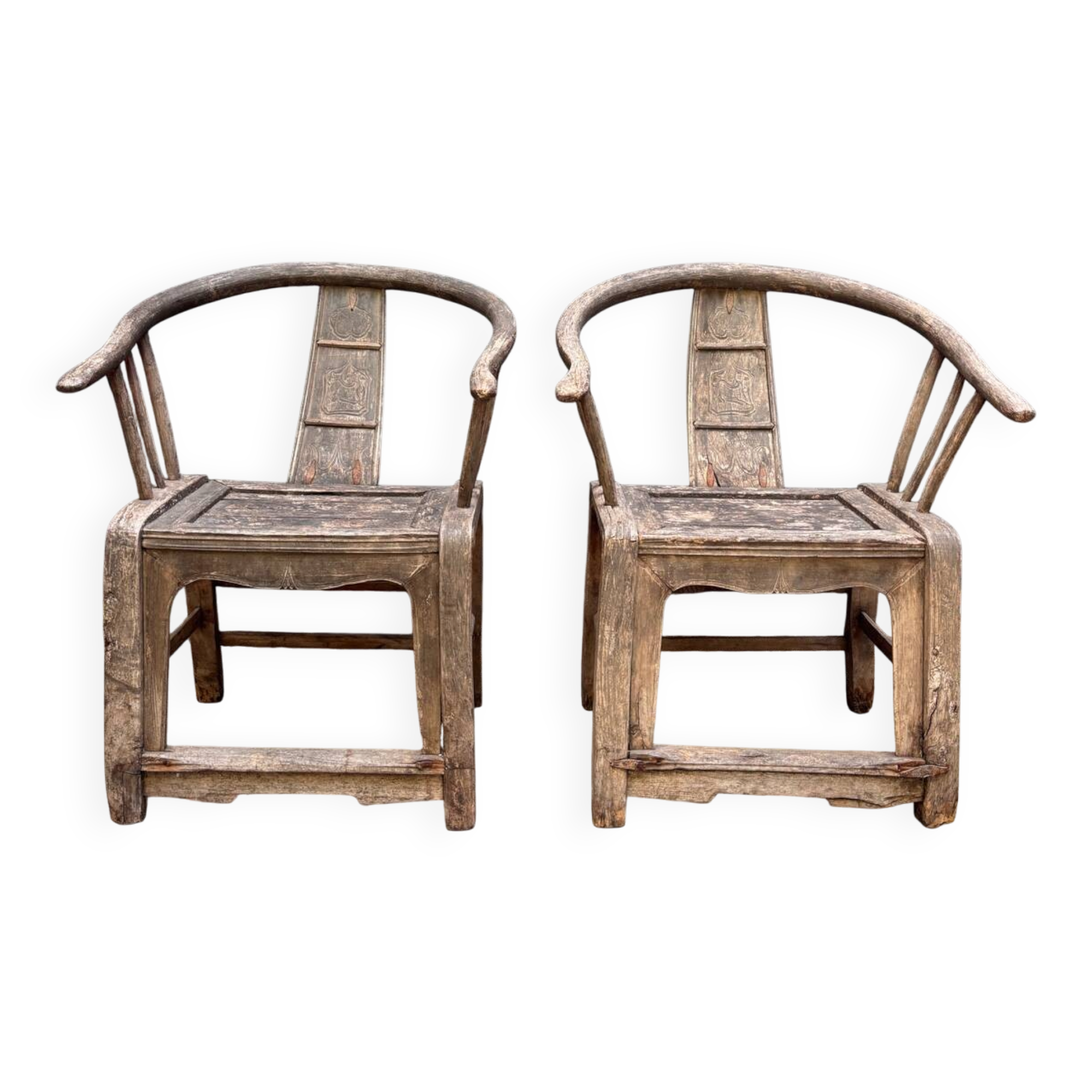 Pair of antique Chinese armchairs in patinated wood