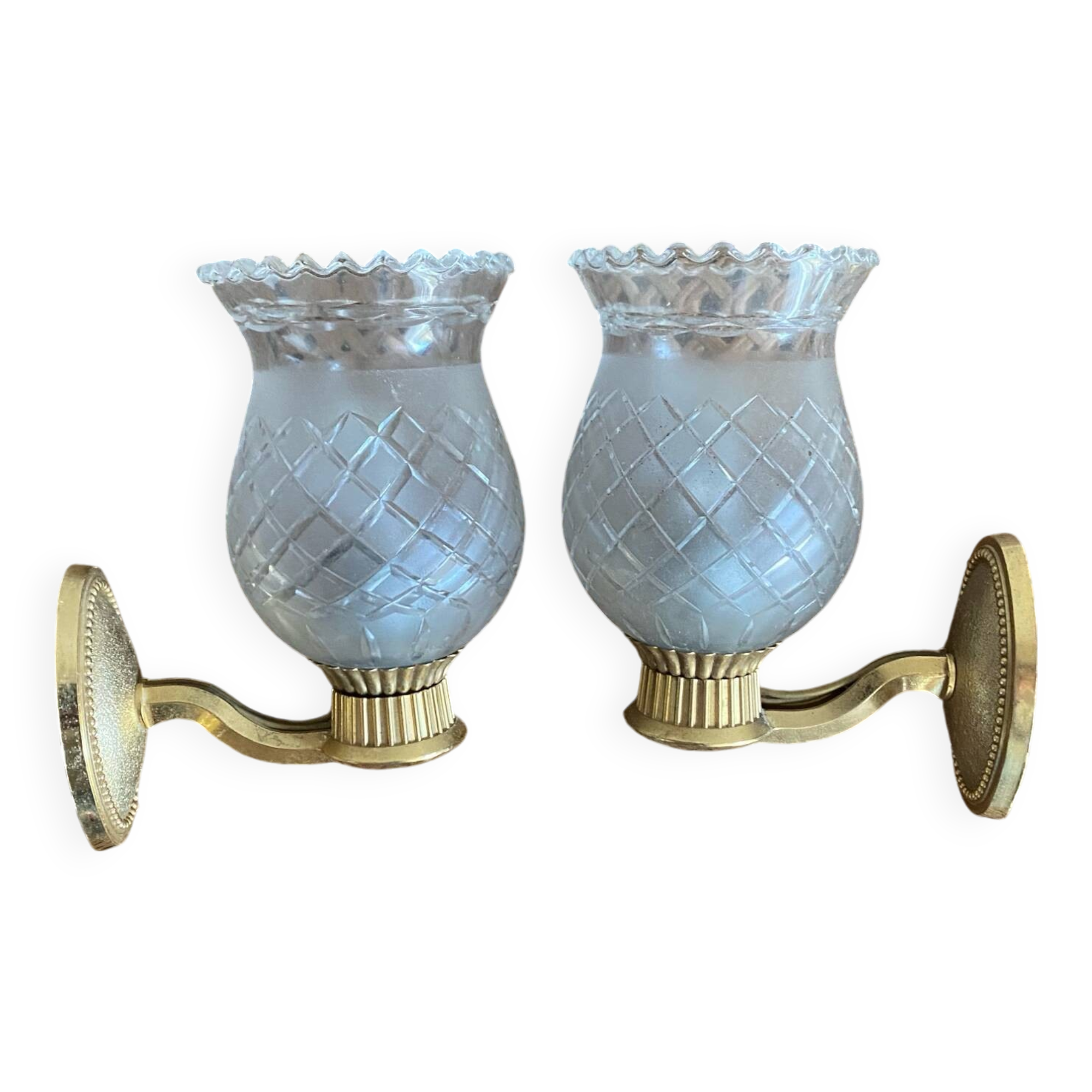 Pair of retro gold and glass tulip wall lights