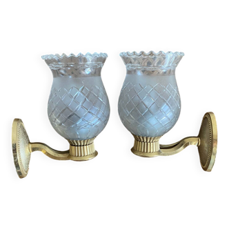 Pair of retro gold and glass tulip wall lights