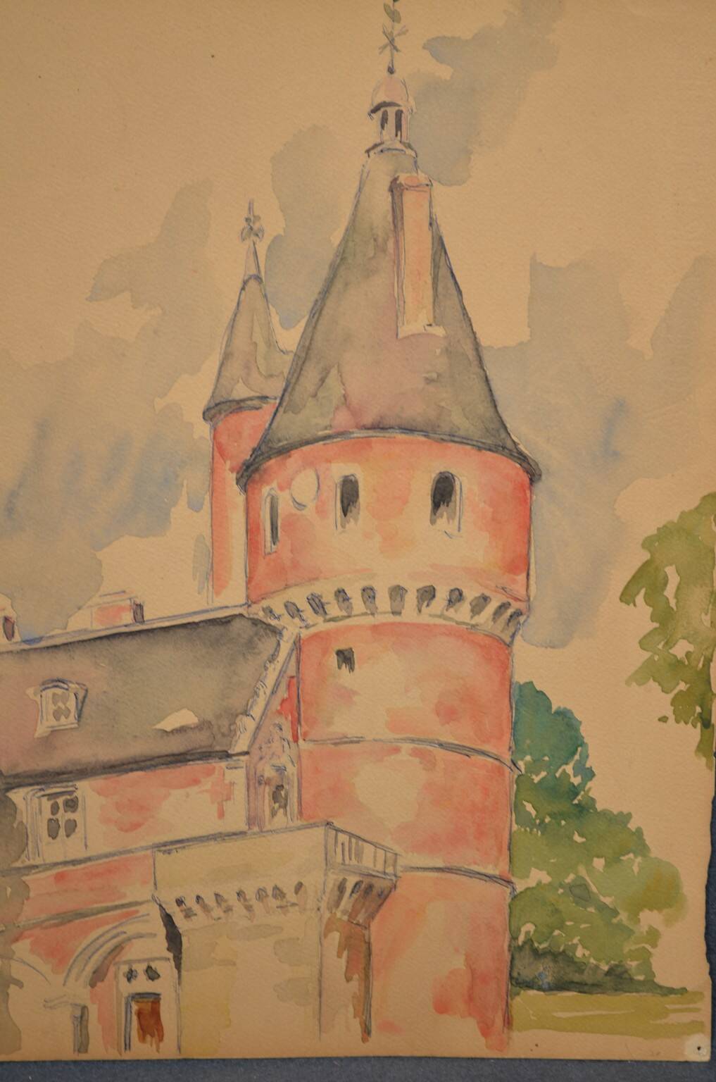French school 20th century "The castle tower" watercolor