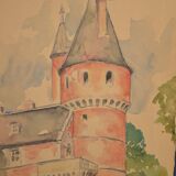 French school 20th century "The castle tower" watercolor