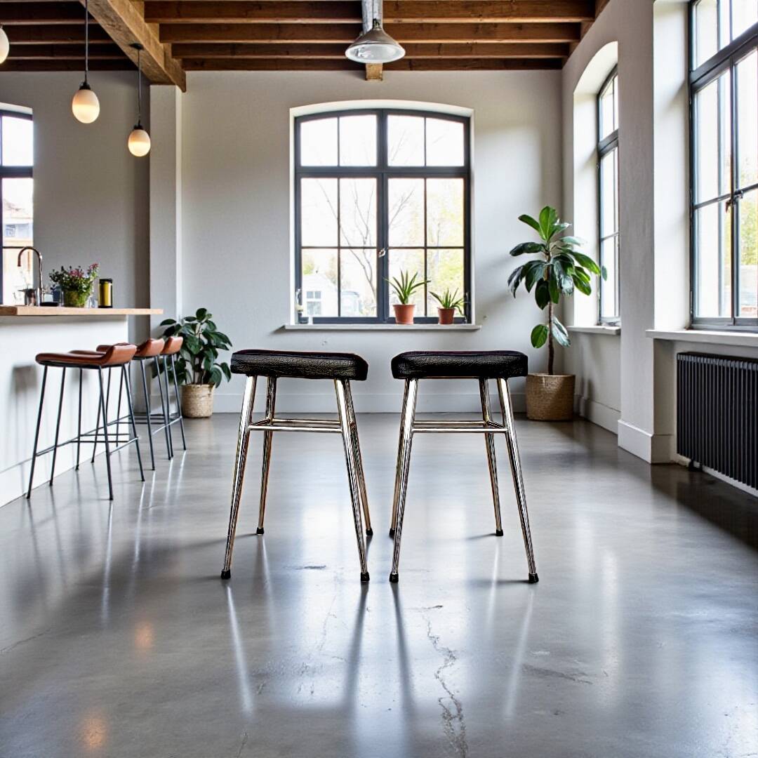 Pair of vintage stools in black faux leather and chrome steel – 1960s-1970s