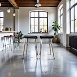 Pair of vintage stools in black faux leather and chrome steel – 1960s-1970s