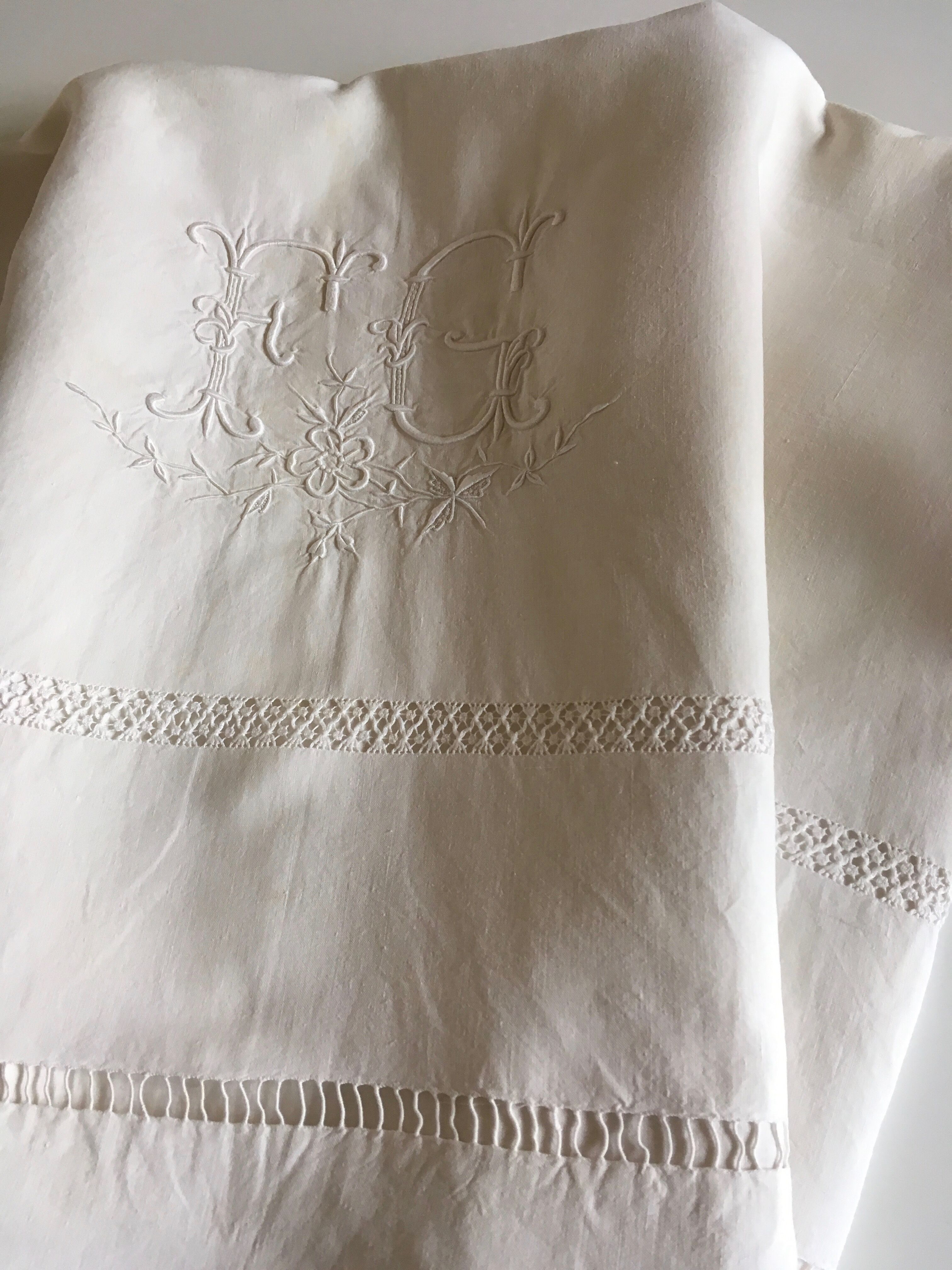 Old original FG Monogram embroidered linen canvas sheet early 20th