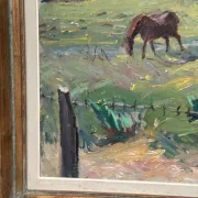 Original Swedish Oil on Canvas – "Coastal Scene with Horses" by Georg Lodström – Signed – 1947 – Framed – 77 × 66 cm