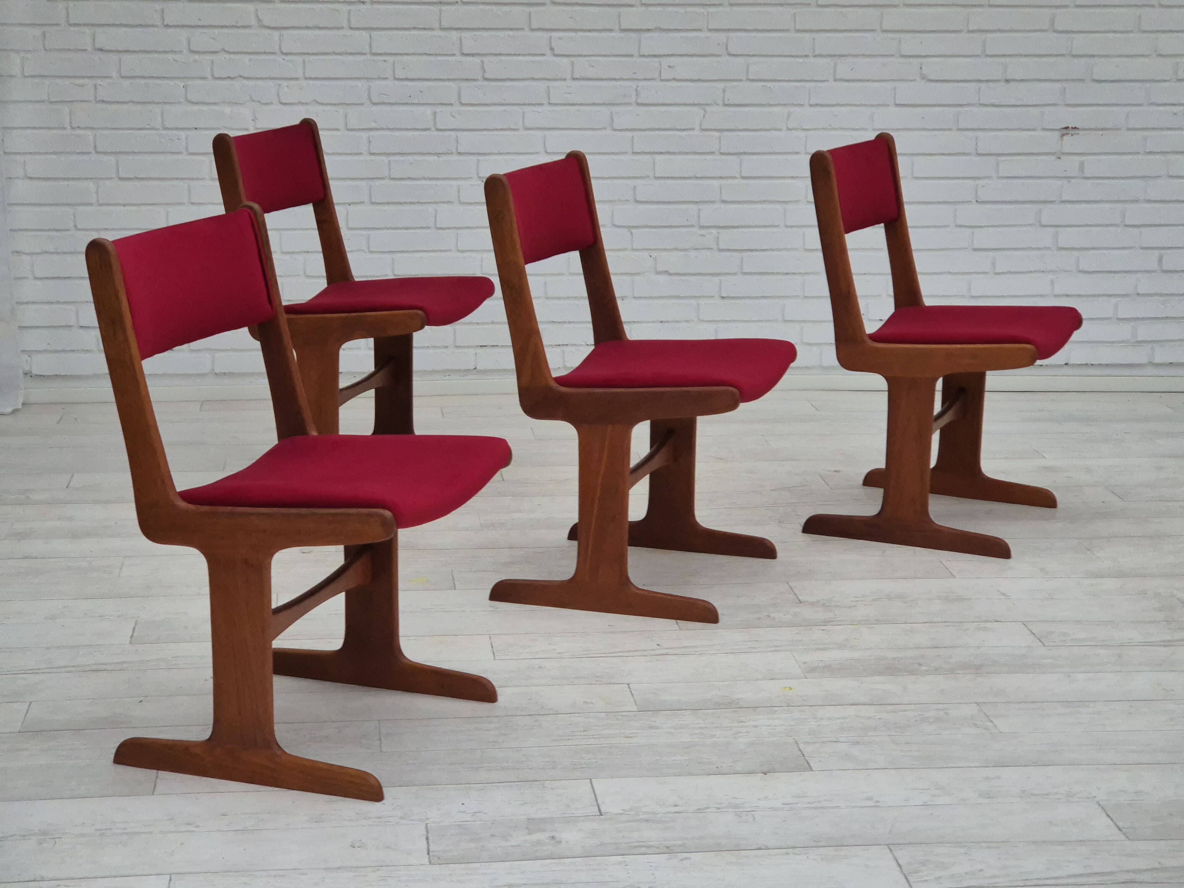 1970s, set of 4 reupholstered Danish chairs, Farsø Møbelfabrik, teak wood, furniture velour.