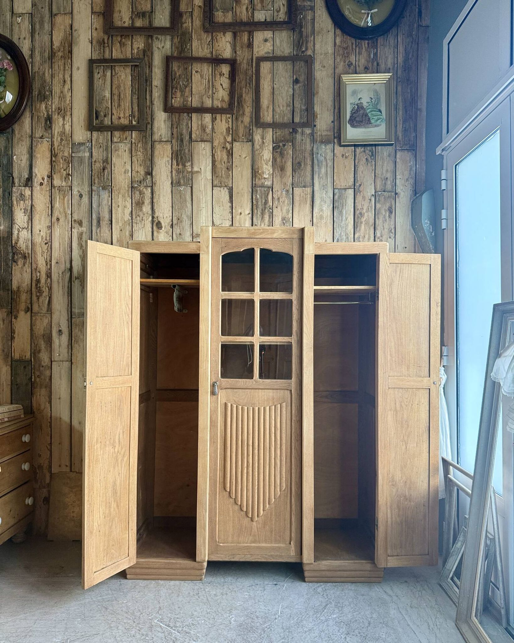Large asymmetrical Art Deco wardrobe with three doors in oak (renovated)