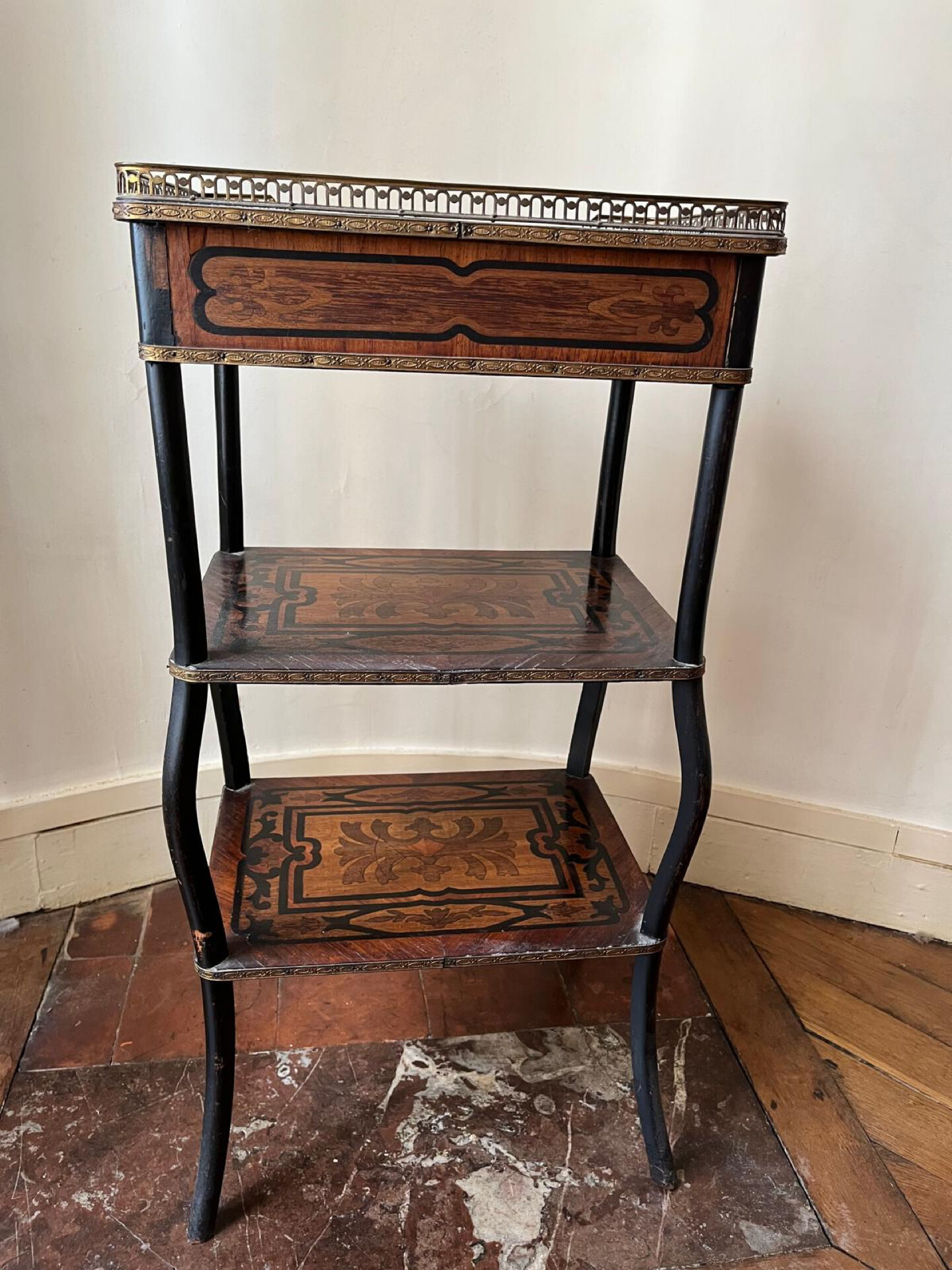 Napoleon III marquetry tiered table — rosewood, brass gallery,
