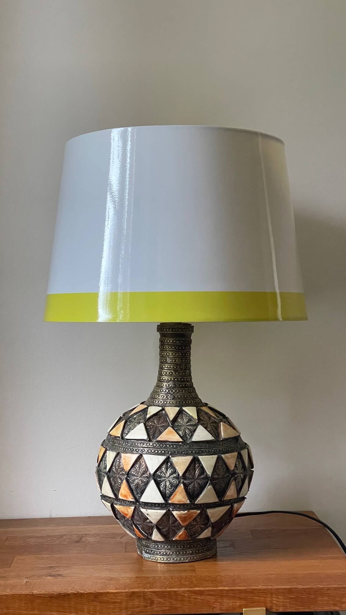 Vintage handcrafted lamp, pottery and silver-plated metal