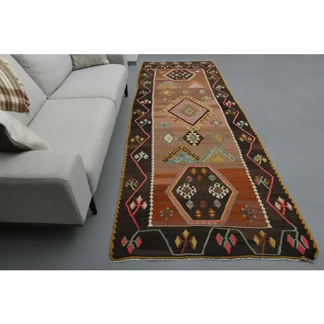 1970s Vintage Turkish Oushak Handmade Wool Cotton Orange Runner Rug 128x347