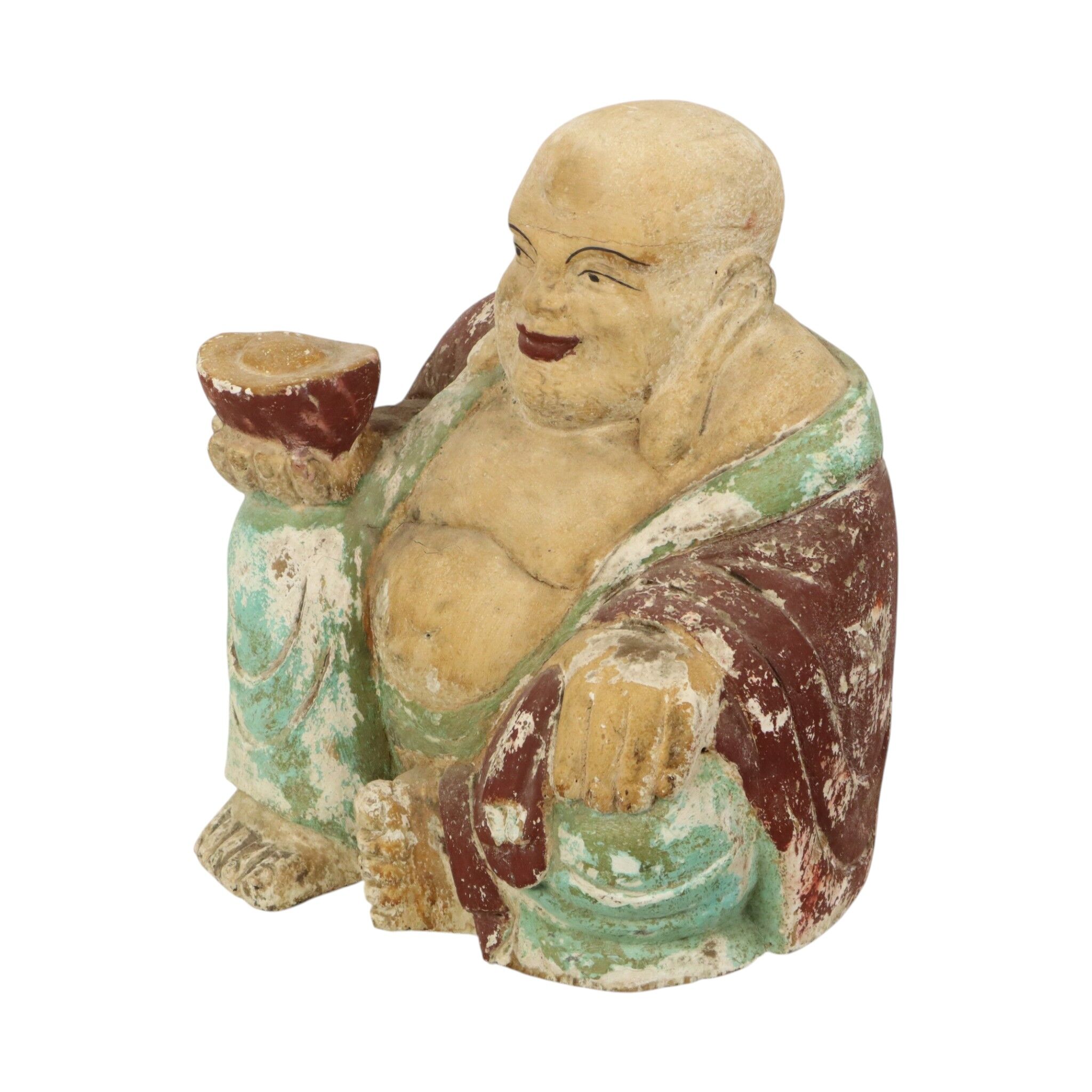 Large XL Polychrome Wooden Laughing Buddha Statue 47 cm