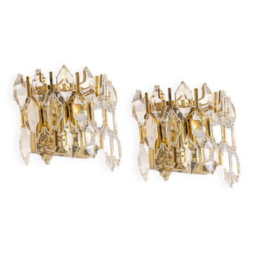 Pair of wall sconces in gilded brass and crystal by Palwa, Germany, 1970s.