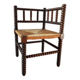 Chaise coin du feu ancienne en bois tourné bobine et assise paillée