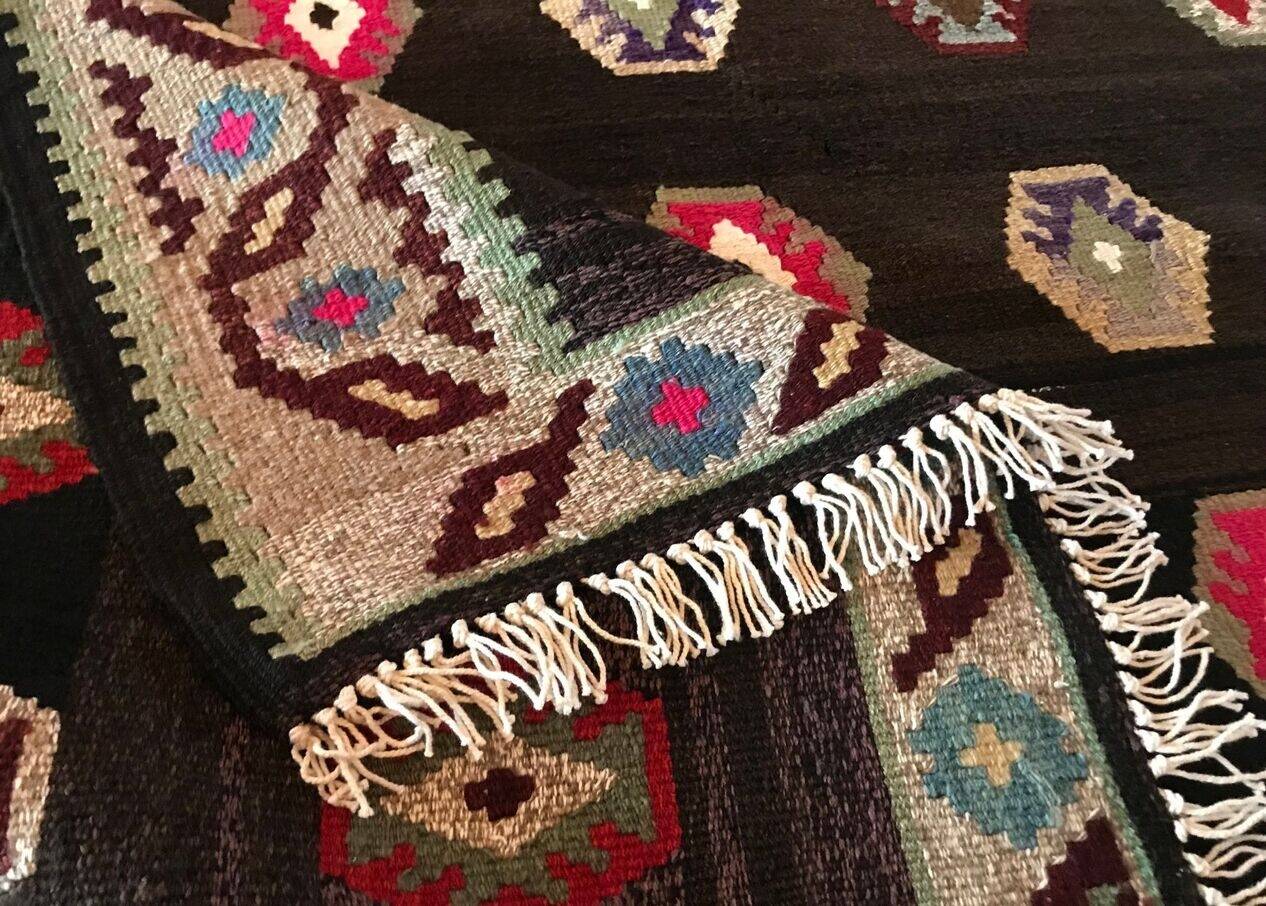 Old Black Anatolian Oushak Kilim Rug