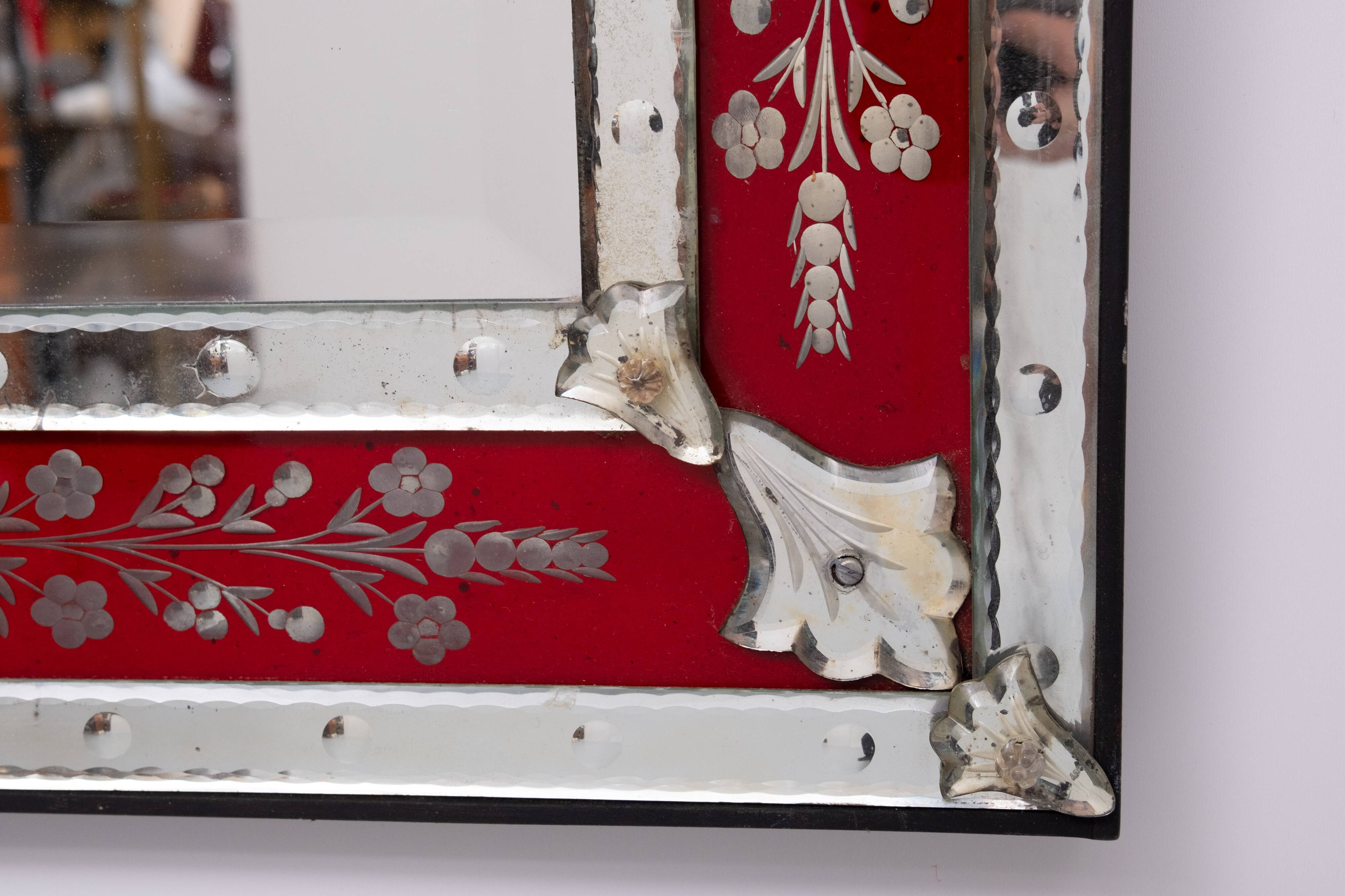 Large Vintage Venetian Red Glass Etched Wall Mirror