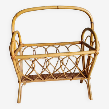 Vintage bamboo and rattan magazine rack 1960