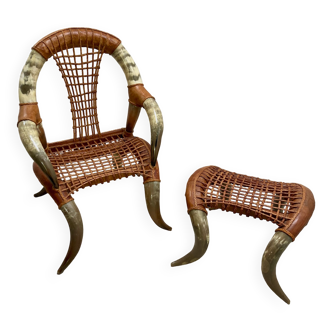 Ethnic armchair and its buffalo horn ottoman