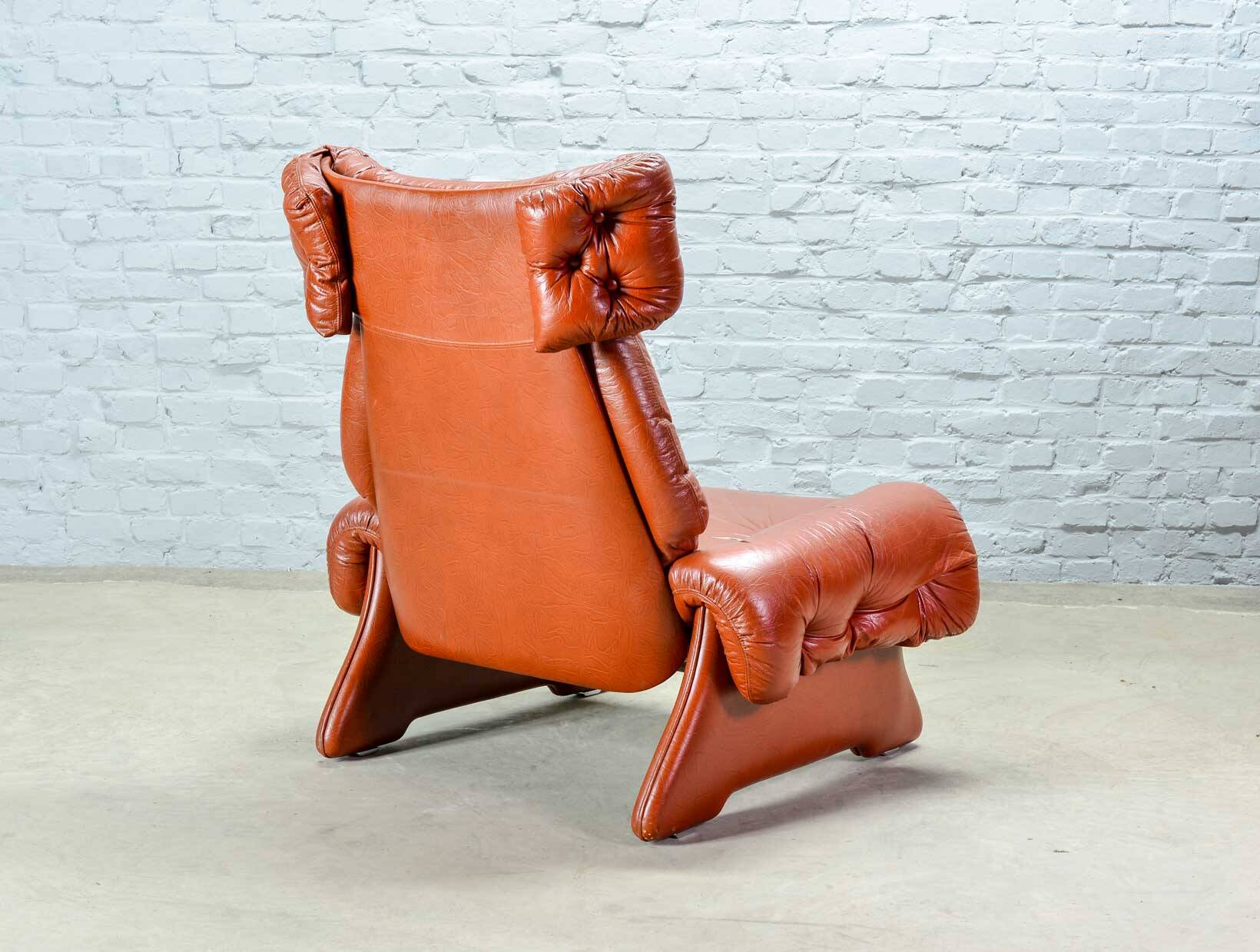 Brutalist Sculptured Brazilian Style Cognac Leather Lounge Chair, 1970s