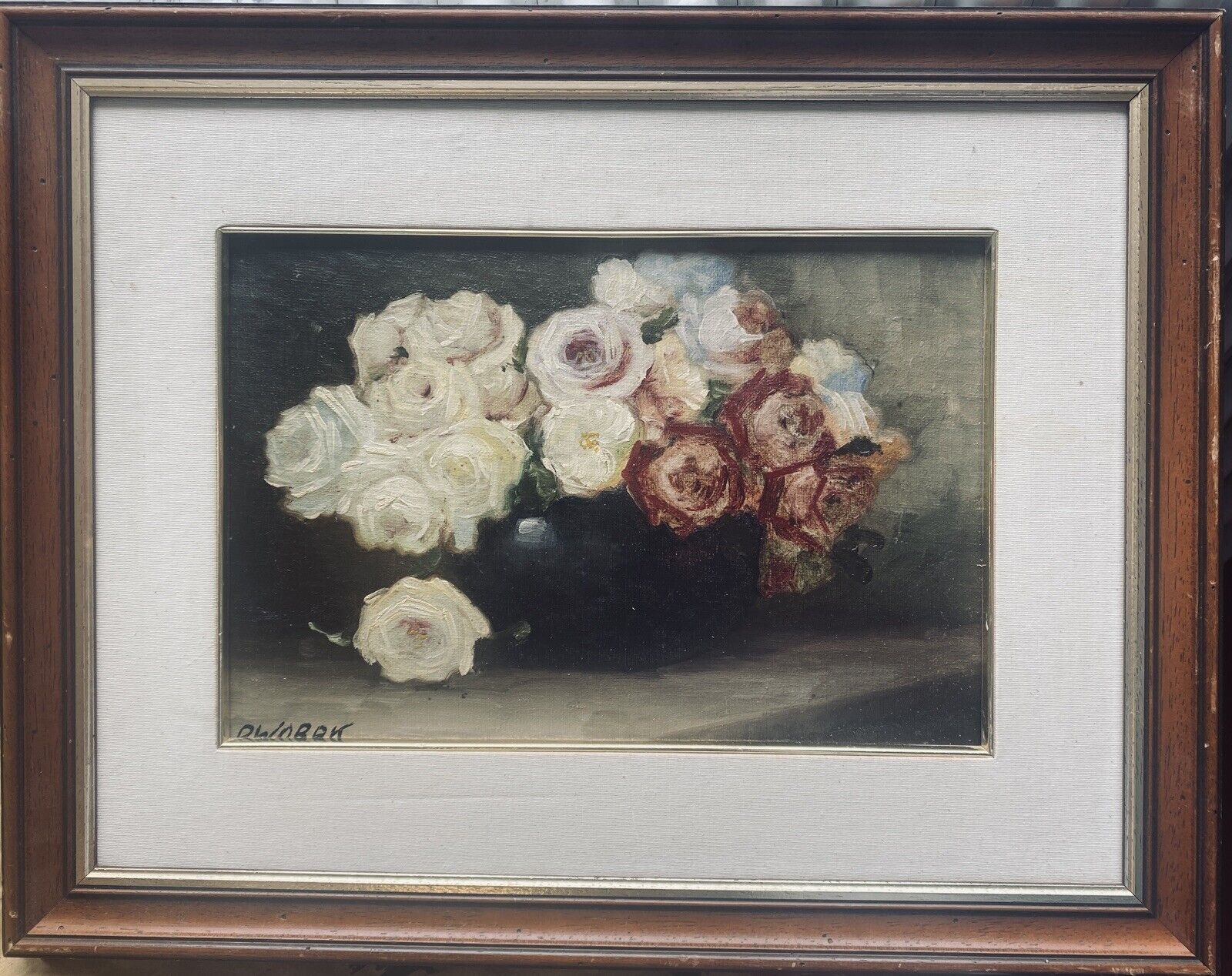 Tableau bouquet de roses signé Dworak début 20e + Cadre Post Impressionniste