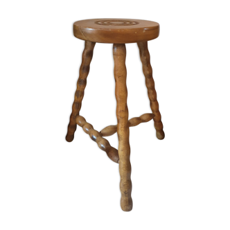 Ancien tabouret vintage tripode en bois massif, avec ses 3 pieds boulier ou perlés sans années 50 60