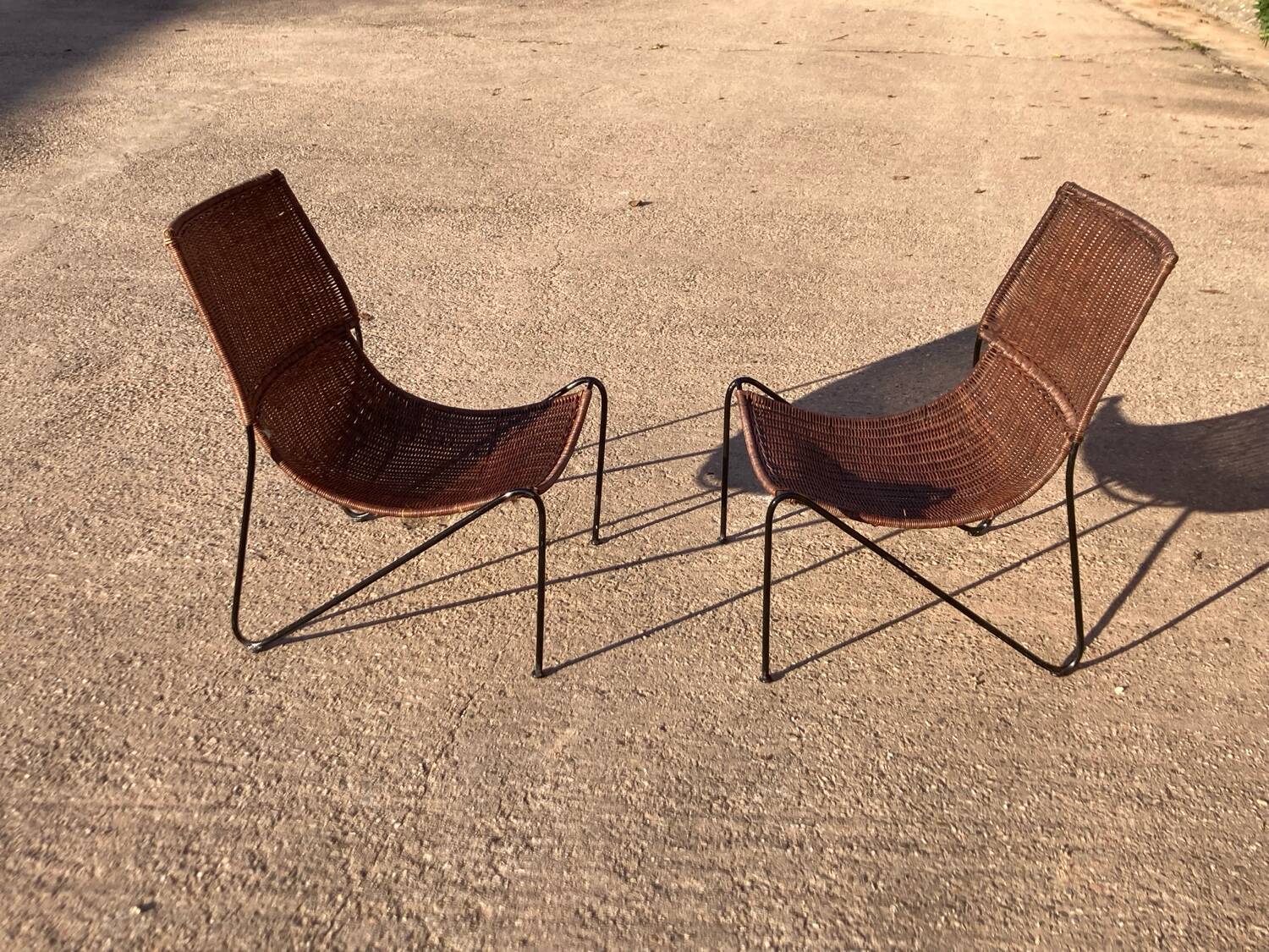 Pair of rattan and steel armchairs