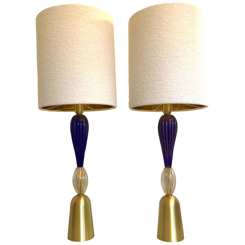 Blue and trasparent-gold murano glass table lamps with bouclé