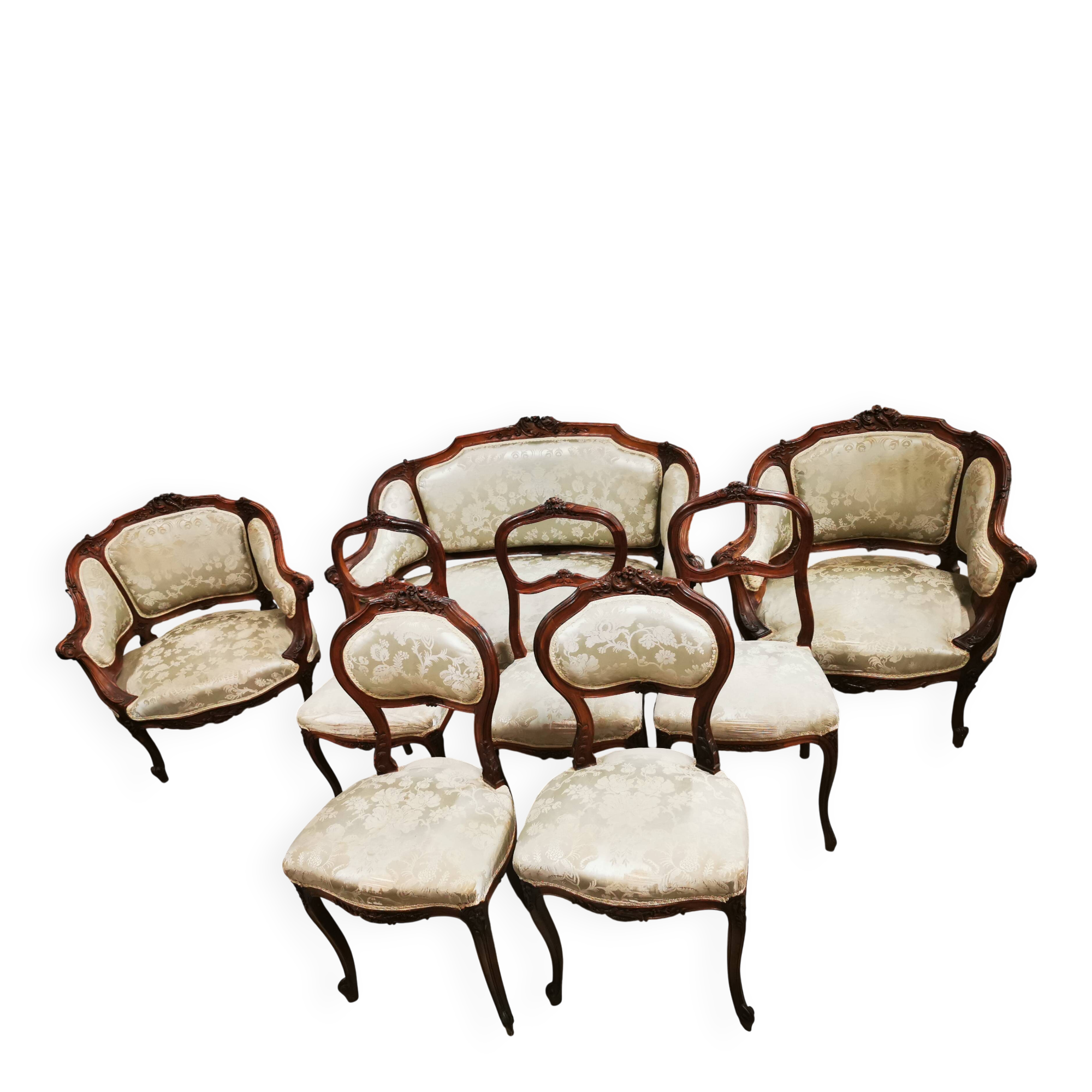 Two-seater bench + two simple armchairs + five Louis XV chairs to be reupholstered