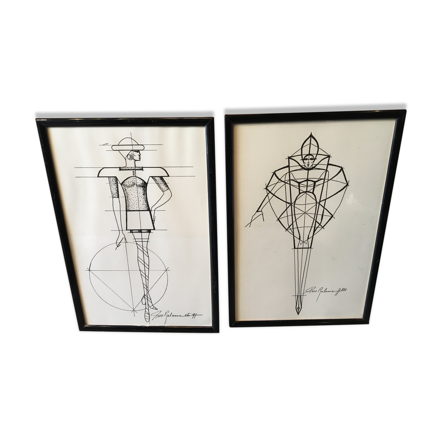 Lot of 2 framed fashion illustrations Paco Rabanne