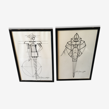 Lot of 2 framed fashion illustrations Paco Rabanne