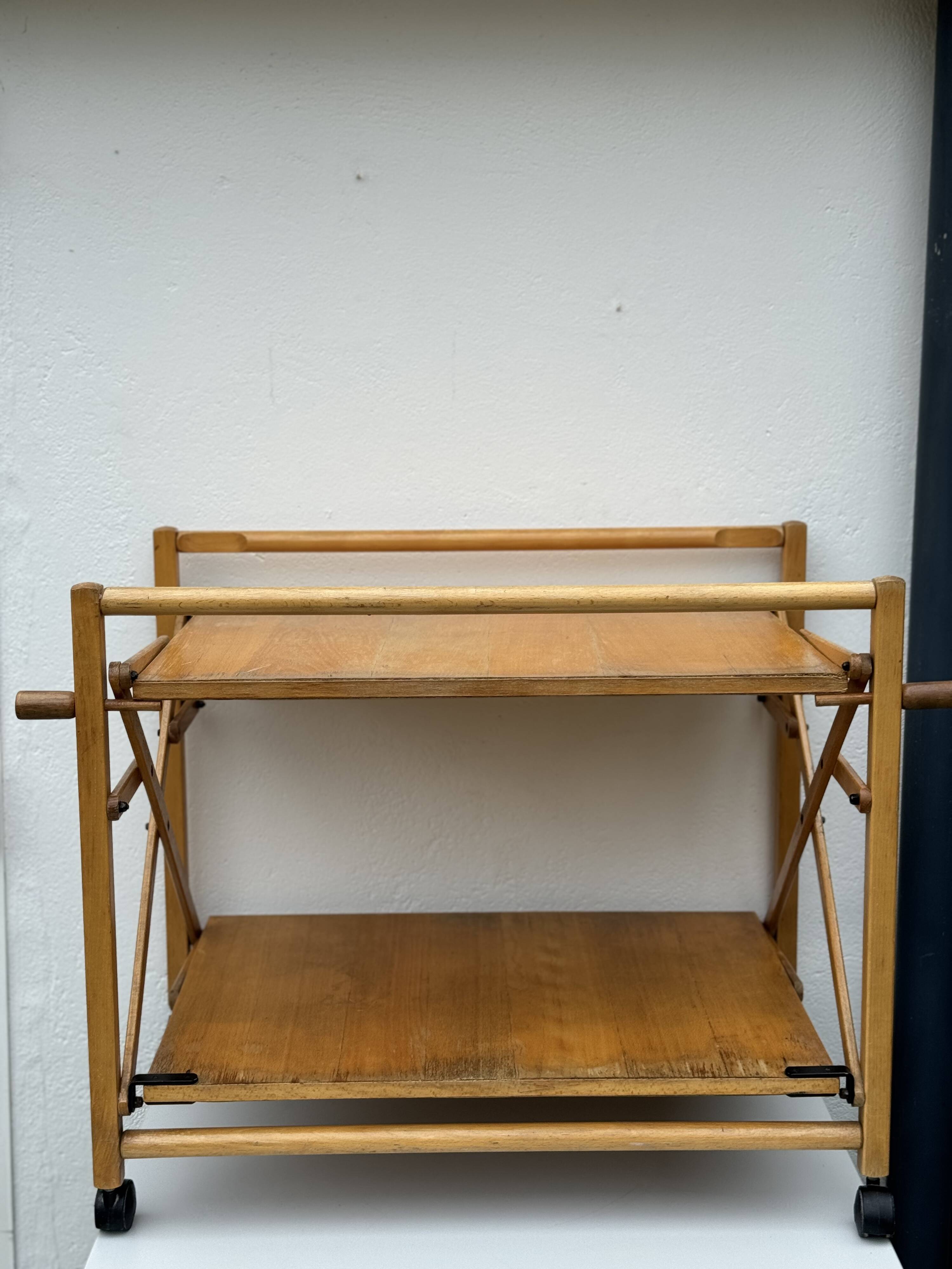 Vintage Foldable Pine Wood Serving Cart