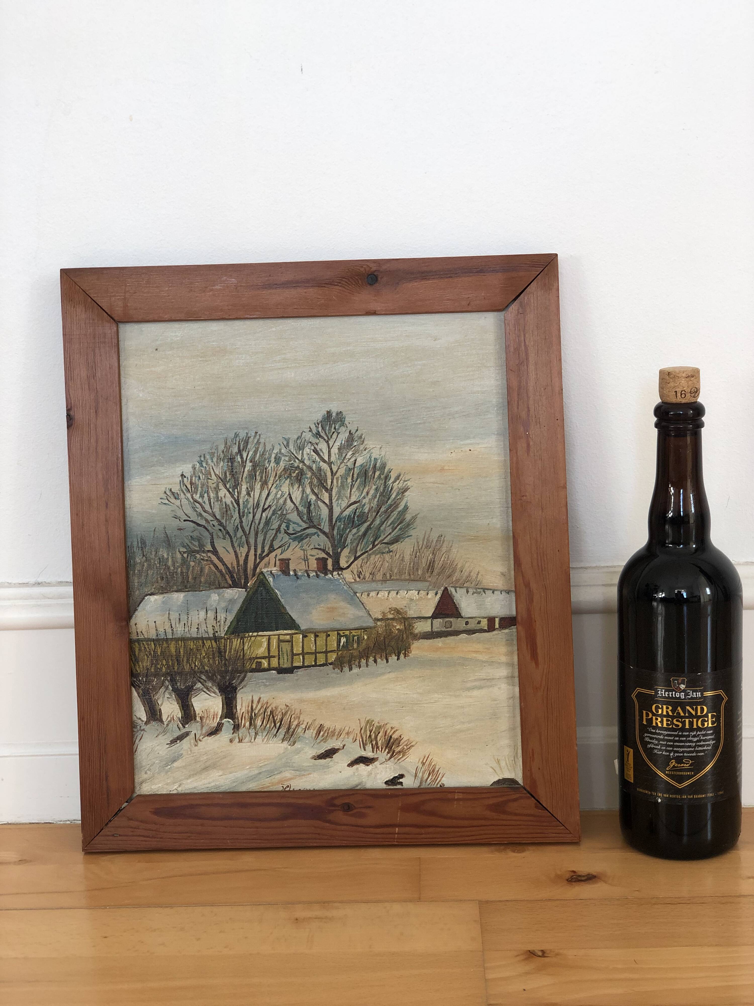 Peinture à l'huile vintage originale de cottage : Art de paysage d'hiver encadré