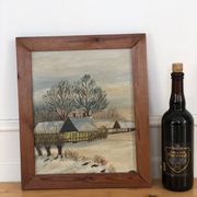 Vintage Original Cottage Oil Painting: Framed Winter Landscape Art