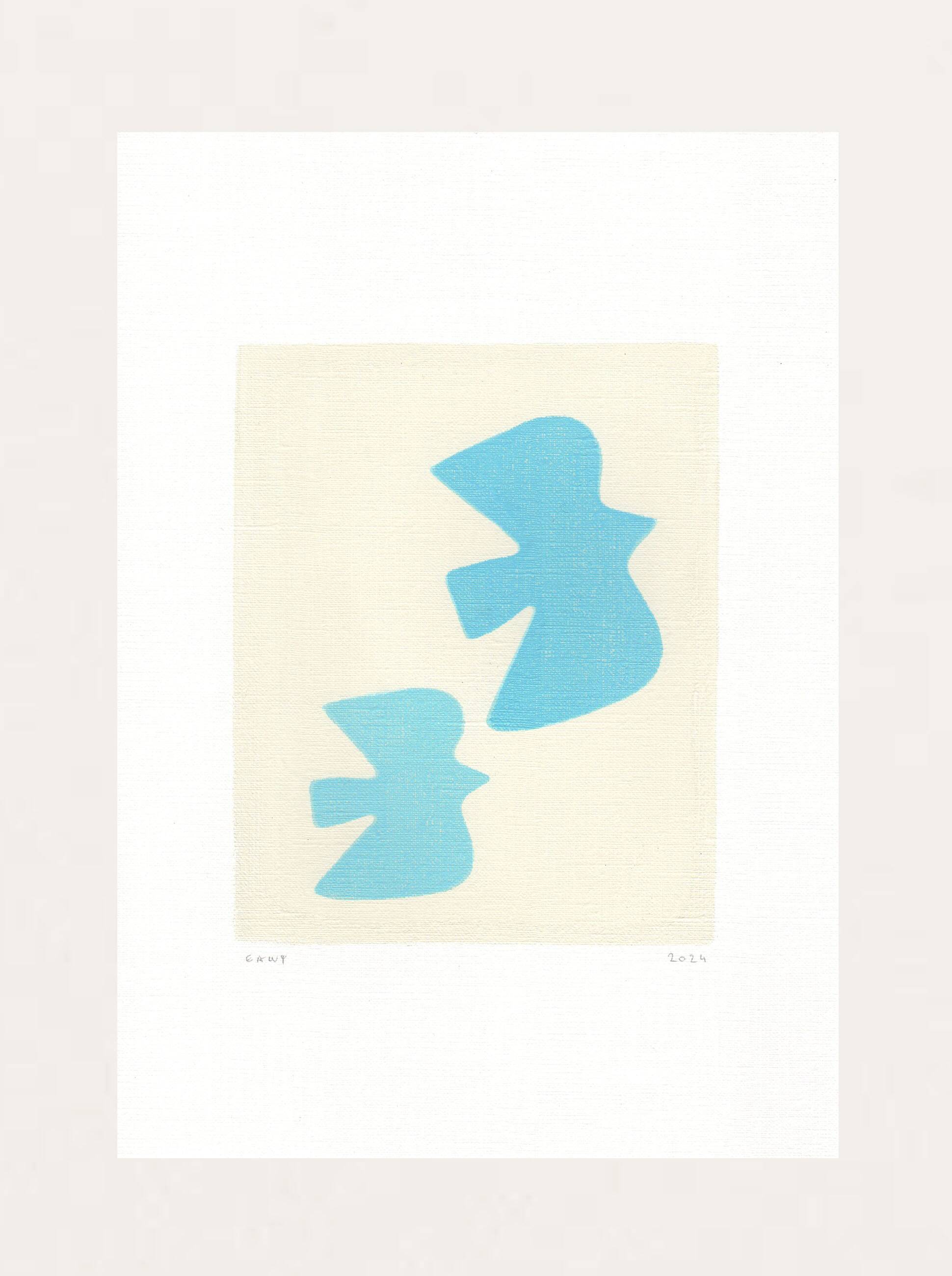 Painting on paper - birds - light blue - signed eawy