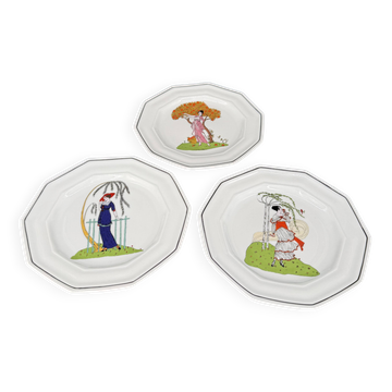 3 assiettes Art Déco ctogonales en porcelaine Médicis