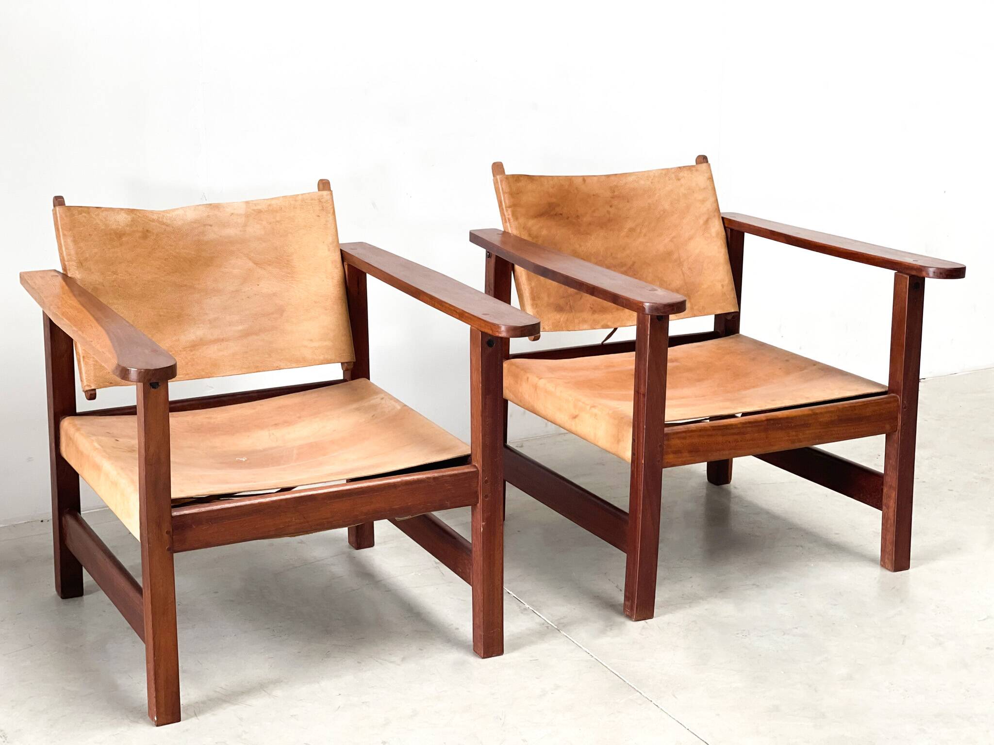 Mid century leather safari armchairs, 1960s