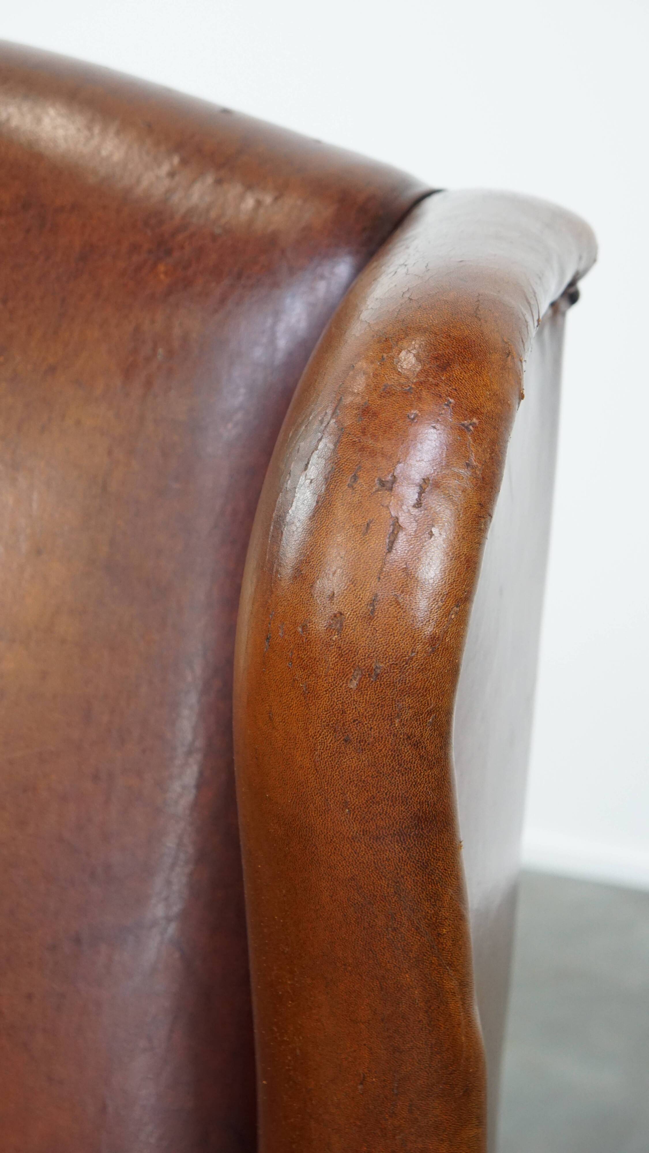 Large Vintage Sheepskin Leather Wingback Chair