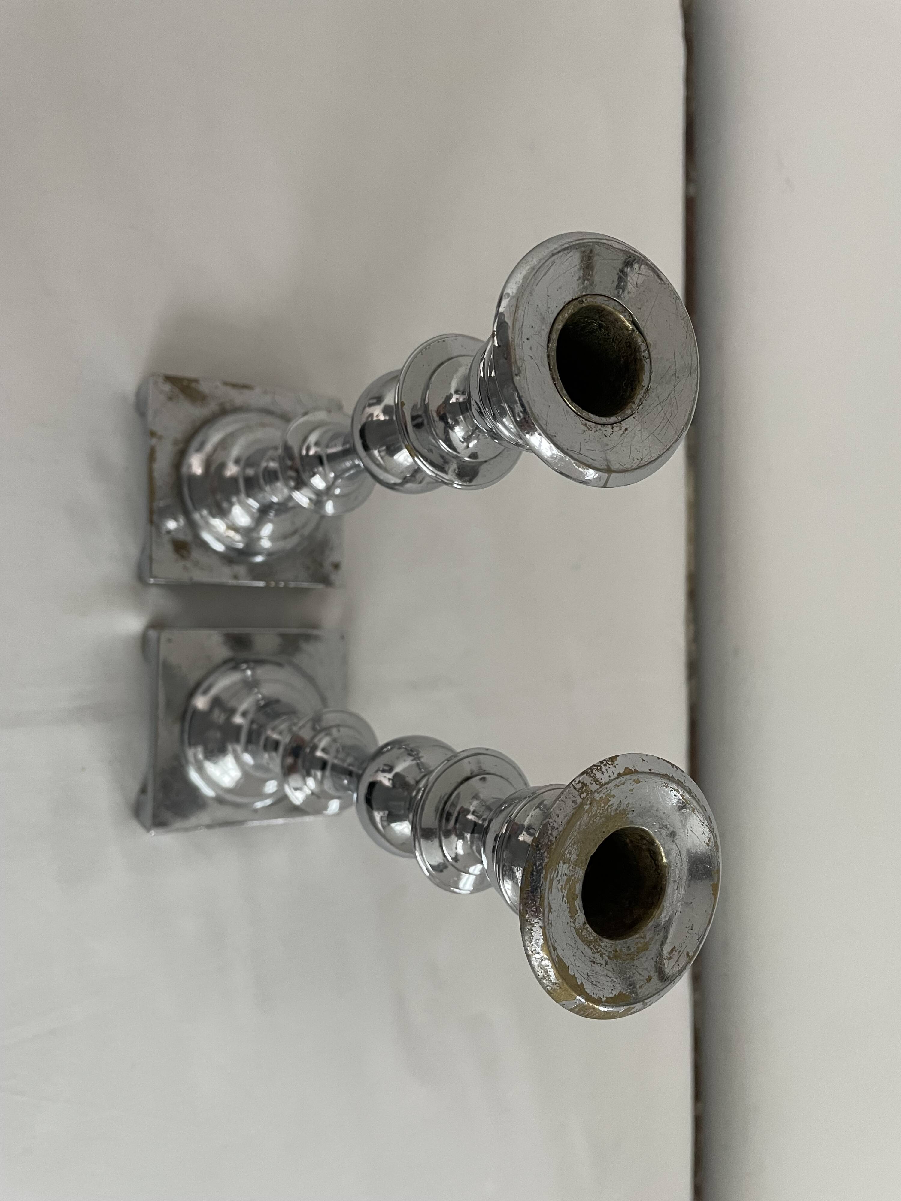 Large antique silver plated candlesticks, square base, pair, classic