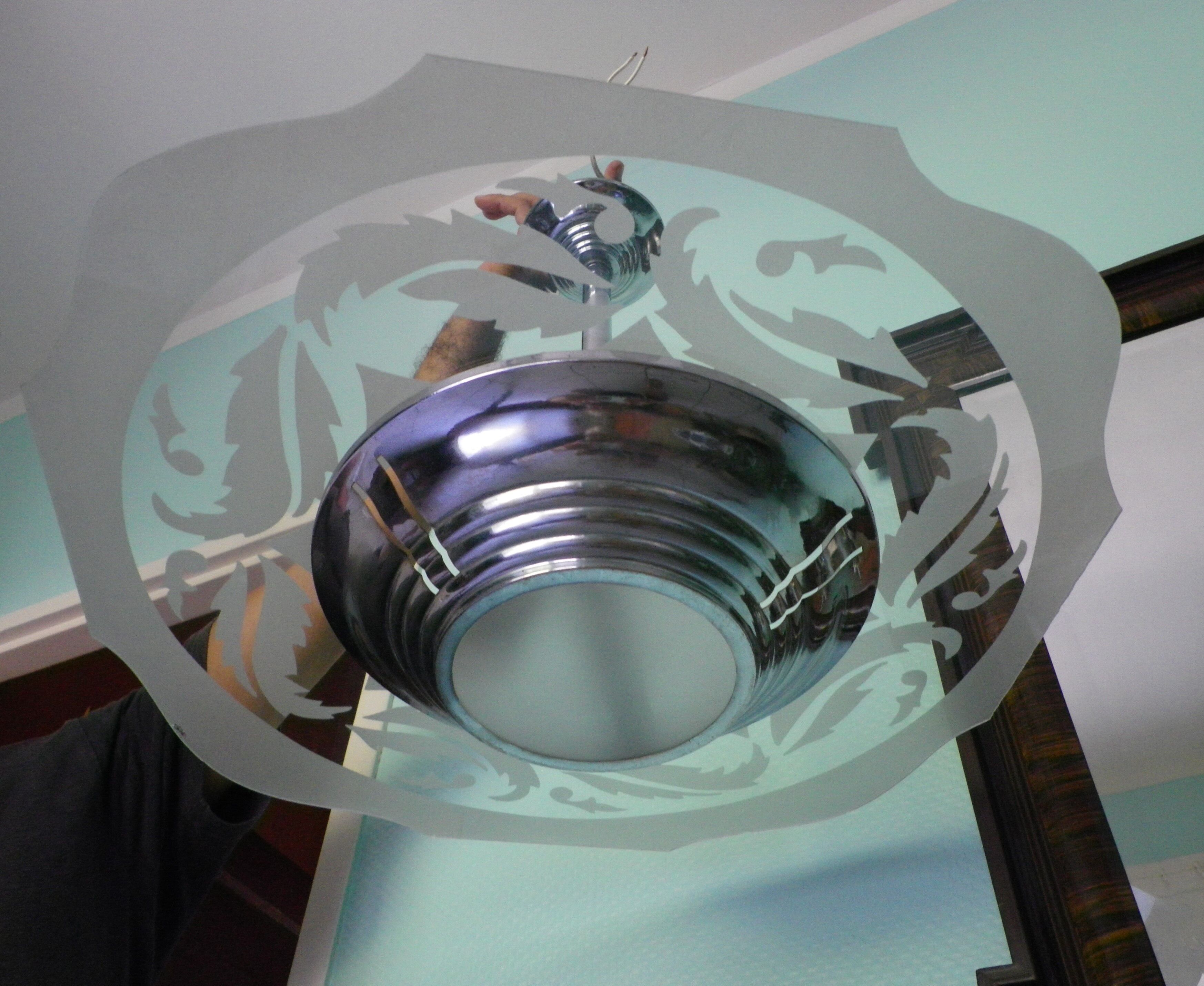 Art deco chandelier from the 1920s with transparent and opalized glass, silver metal structure