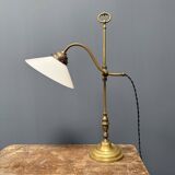 Adjustable brass table lamp with opaline glass shade