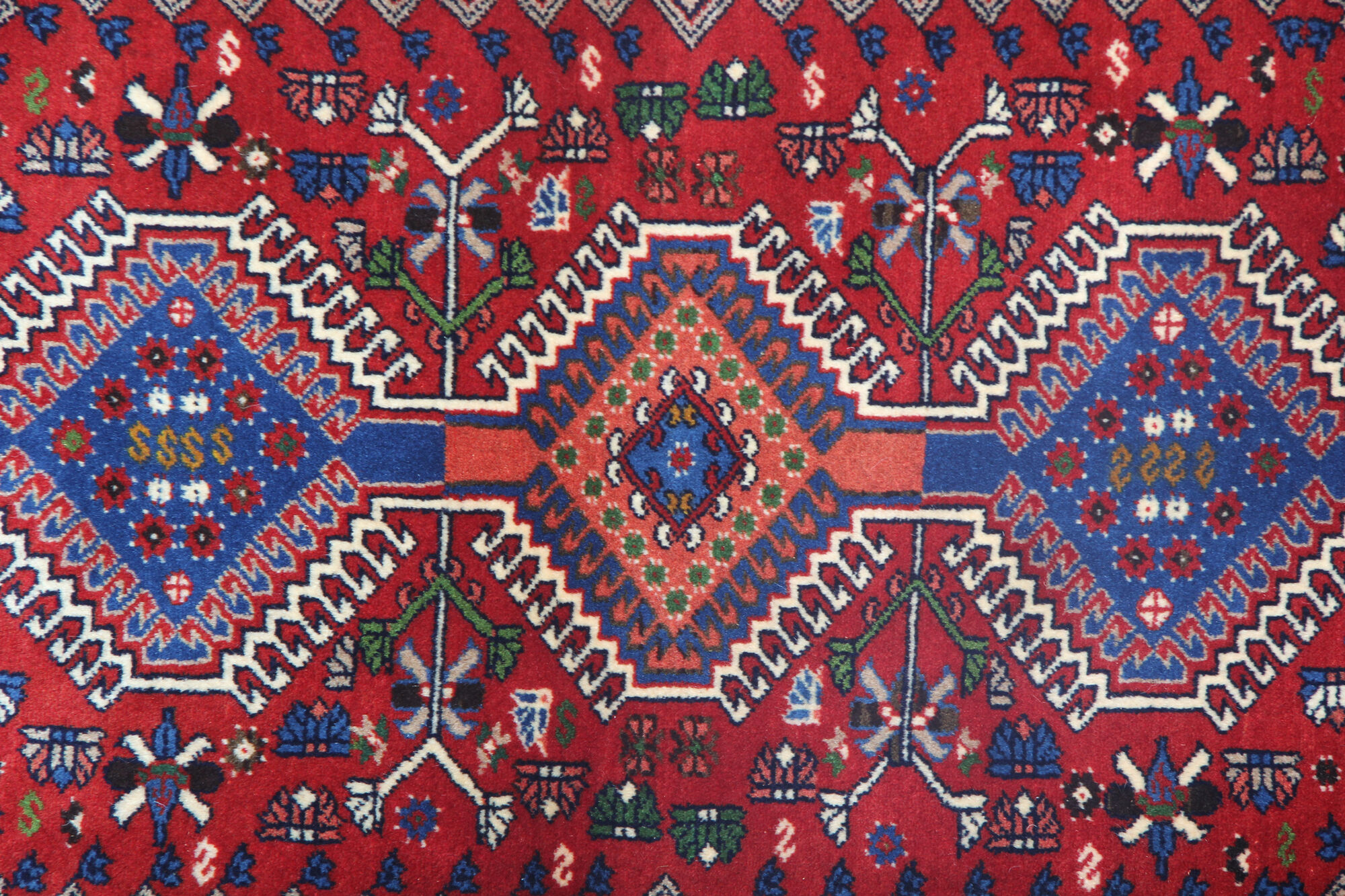 Traditional oriental wool carpet hand made red blue area rug- 83x127cm